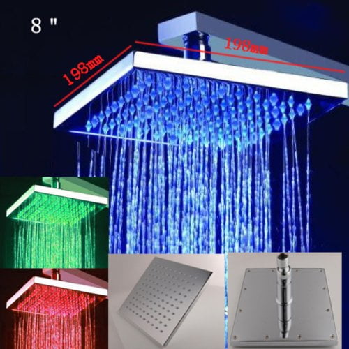 8" Square Rainfall Shower Head Sprayer High Pressure With LED Colors Changing US 